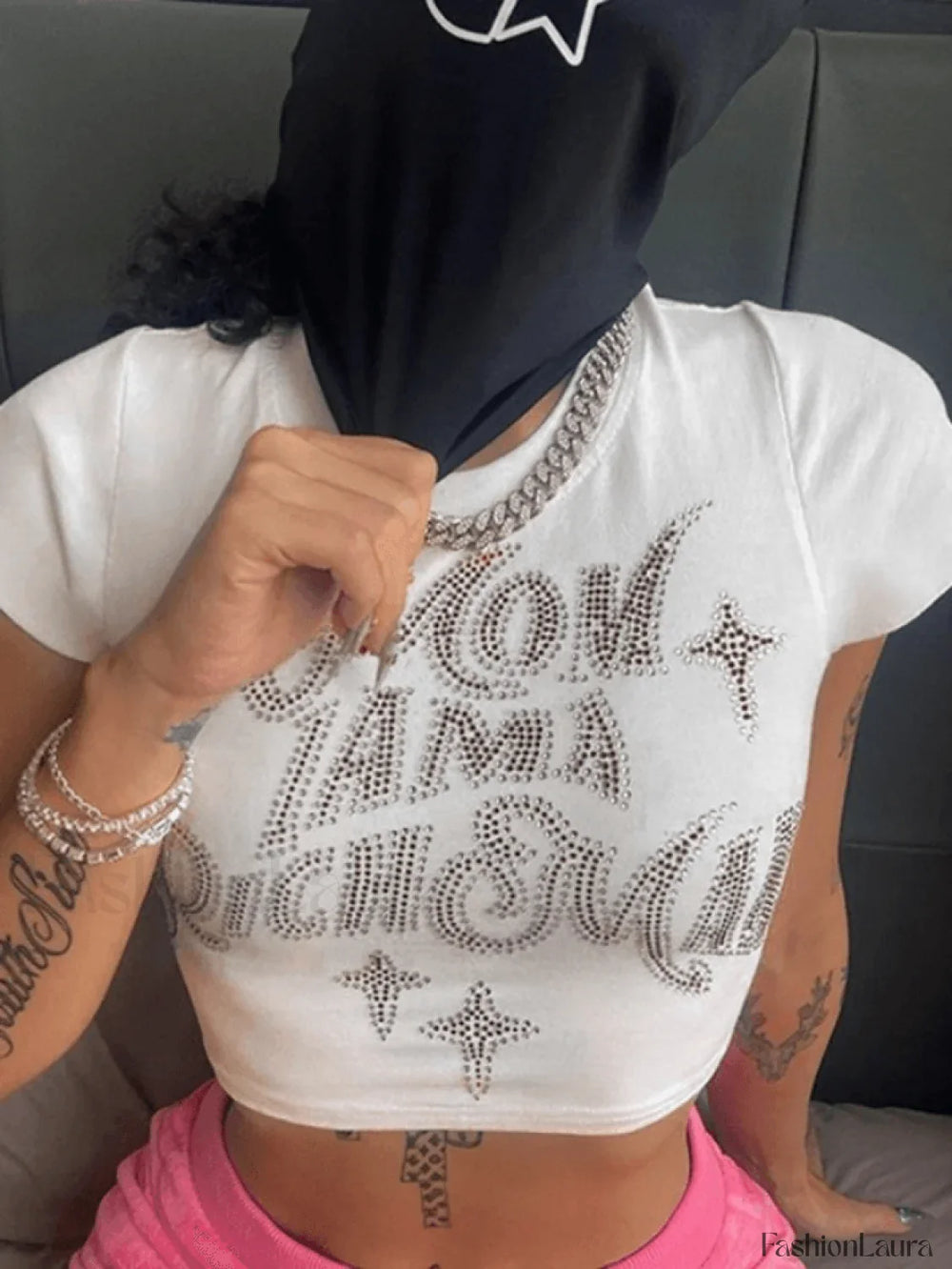 Rhinestone Letter Detail Crop Top Tops&Tees