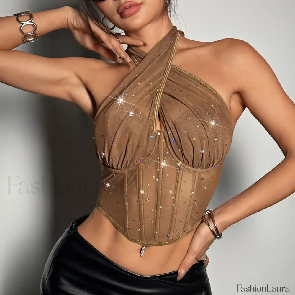 Rhinestone Mesh Corset Crop Top BROWN / S