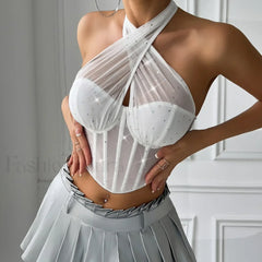 Rhinestone Mesh Corset Crop Top WHITE / S