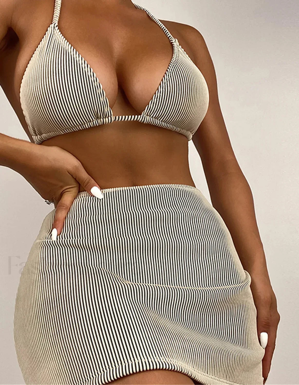 Ribbed Halter Skirt Bikini Three Piece Set