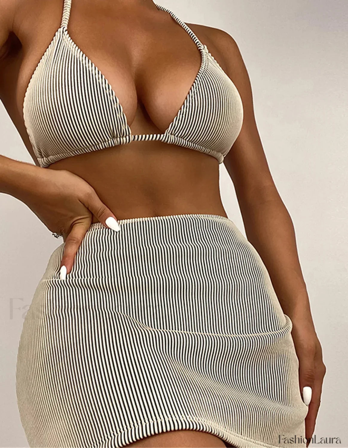 Ribbed Halter Skirt Bikini Three Piece Set
