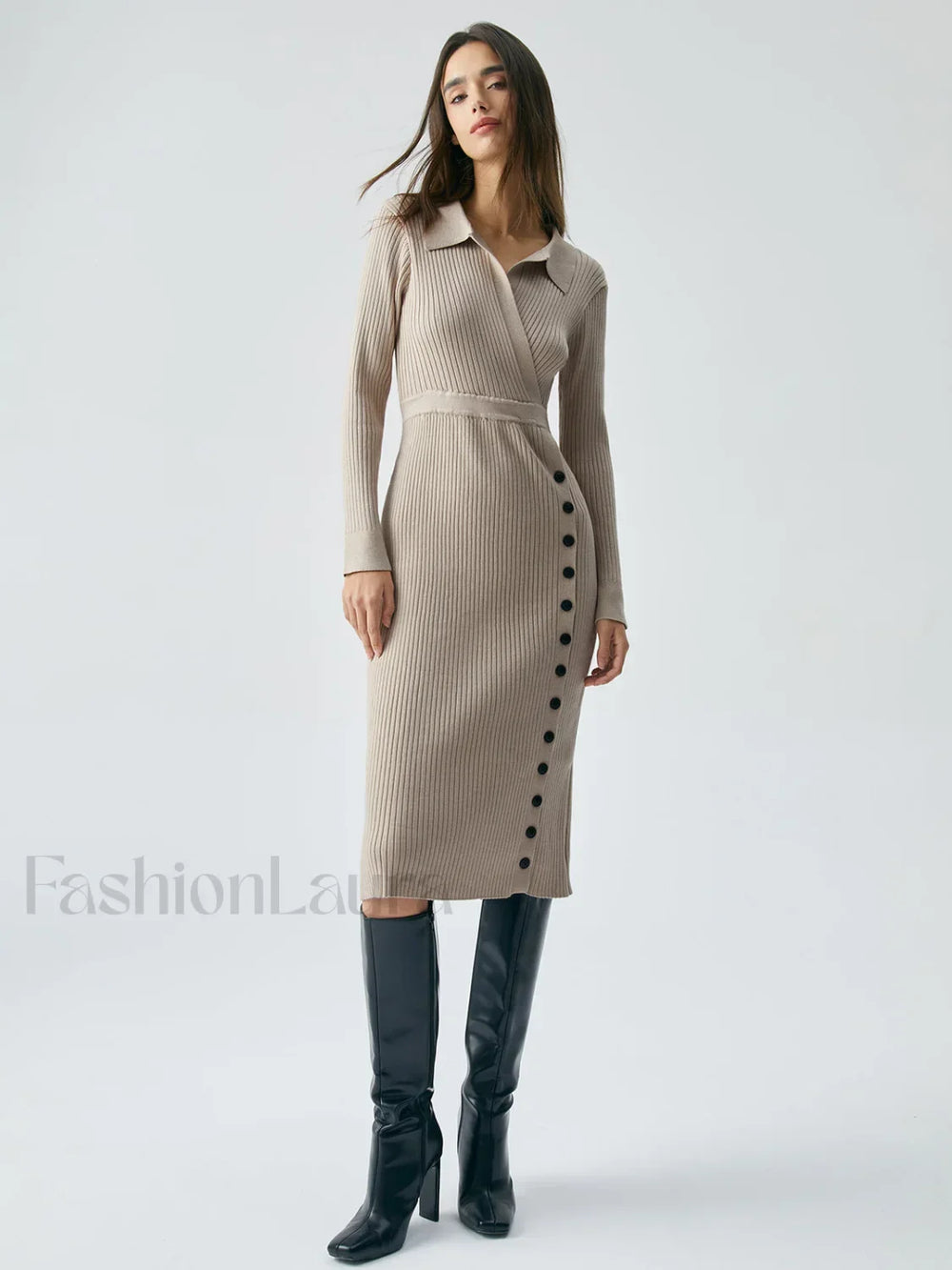 Ribbed Knit Contrast Trim Modern Collared Sweater Midi Dress Sweaters L