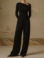 Ribbed Knit Long Sleeve Asymmetric Shirt T Shirts