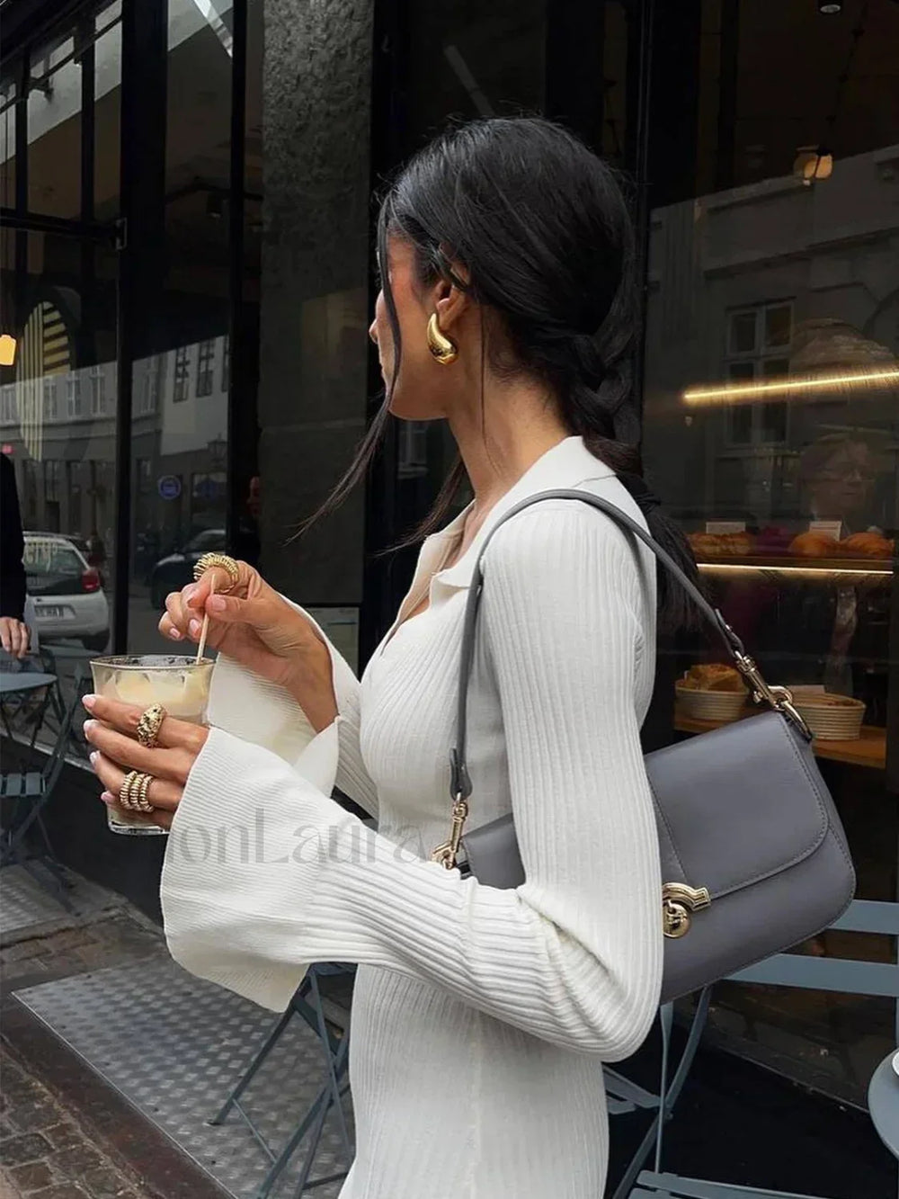 Ribbed Knit Long Sleeve Modern V neck Collar Long Dress Sweaters L