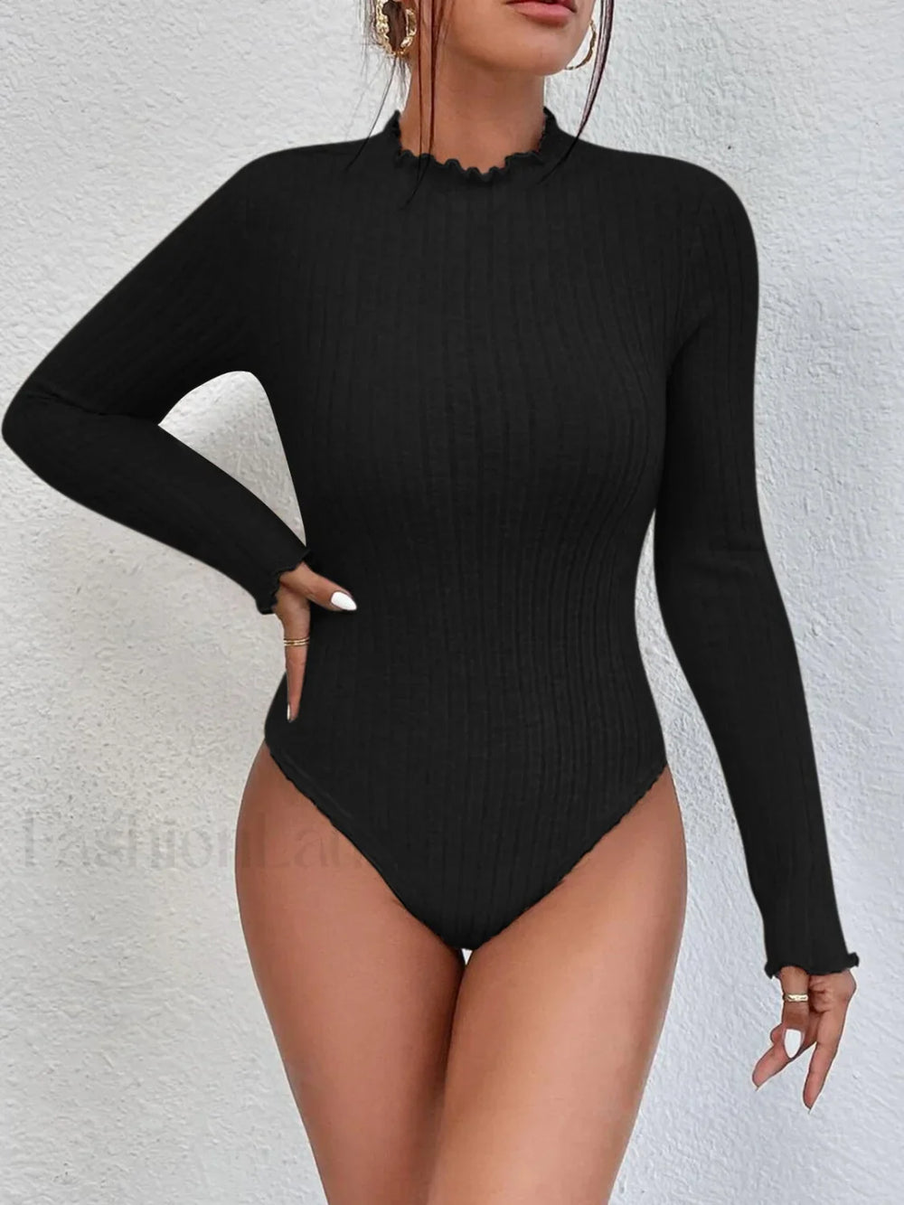 Ribbed Lettuce Trim Slim Bodysuit Bodysuits