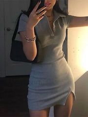 Ribbed Short Sleeve Slit Mini Dress Gray / S Mini Dresses