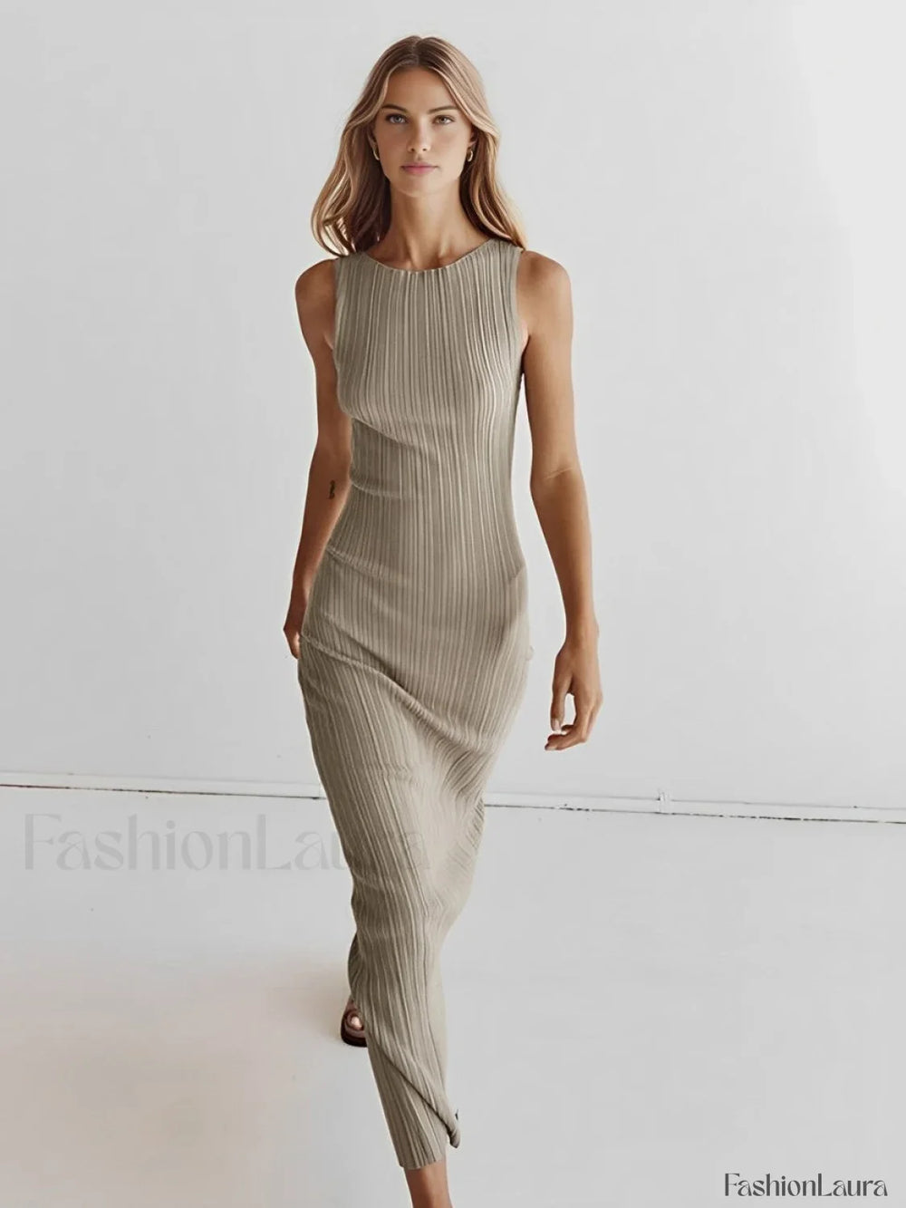 Ribbed Sleeveless Knit Long Dress Khaki / XS Sweater Dresses