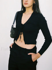 Ribbed V neck Long Sleeve Modern Slit Knit Crop Top Sweaters L