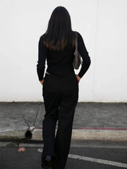 Ribbed V neck Long Sleeve Modern Slit Knit Crop Top Sweaters L