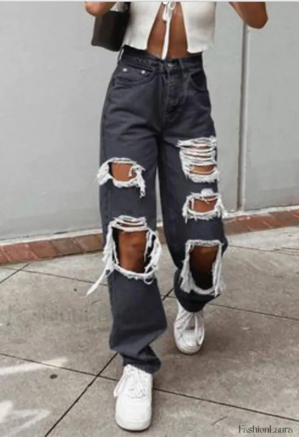 Ripped High Waist Boyfriend Jeans Black / S Jeans