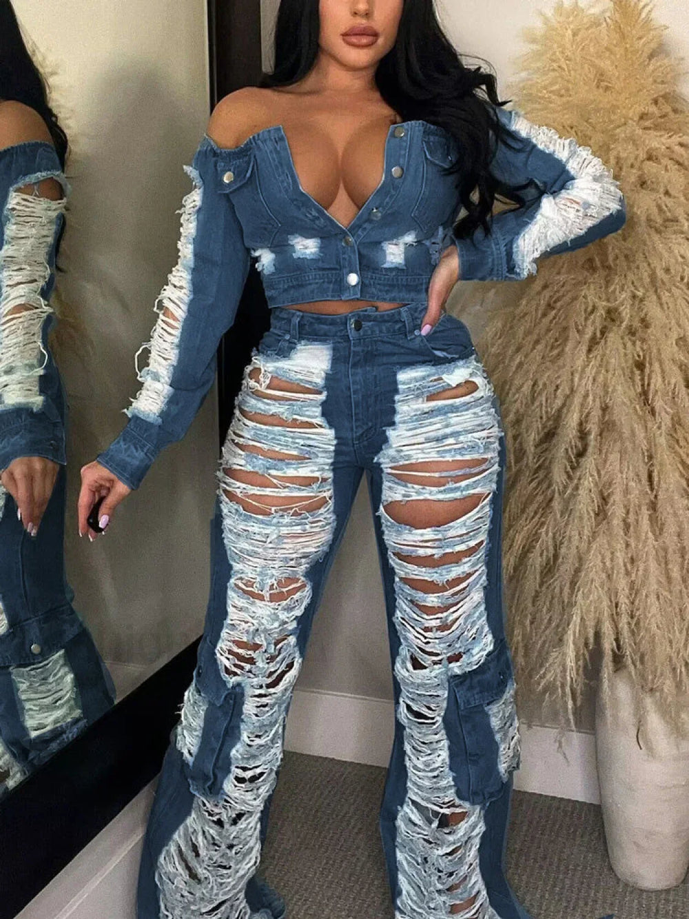 Ripped Pocket High Waist Jeans Royal Blue / S Jeans