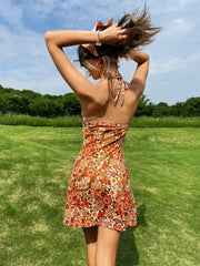 Romantic Floral Print Halter Short Holiday Floral Dress