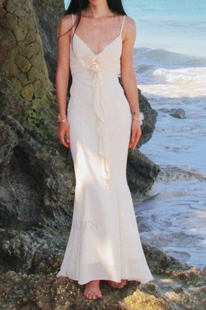 Rose Corsage Tie Back Mermaid Maxi Dress Apricot / S
