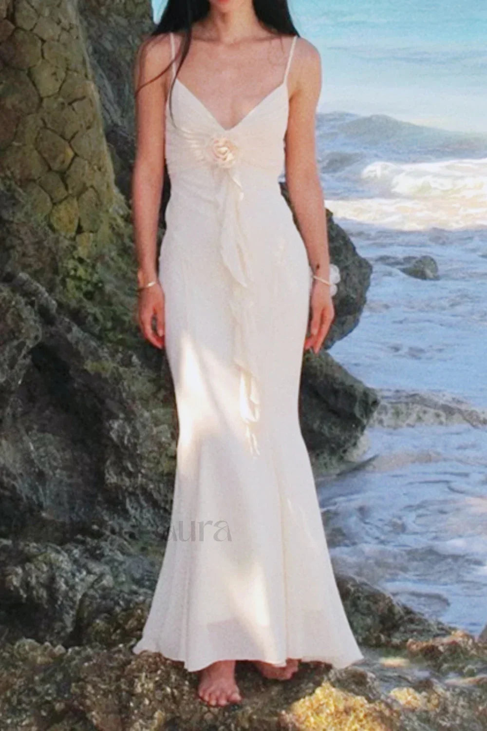 Rose Corsage Tie Back Mermaid Maxi Dress Apricot / S