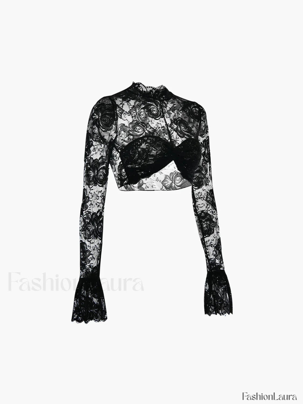 Rose Lace Mesh Trendy Mock Neck Crop Top T Shirts