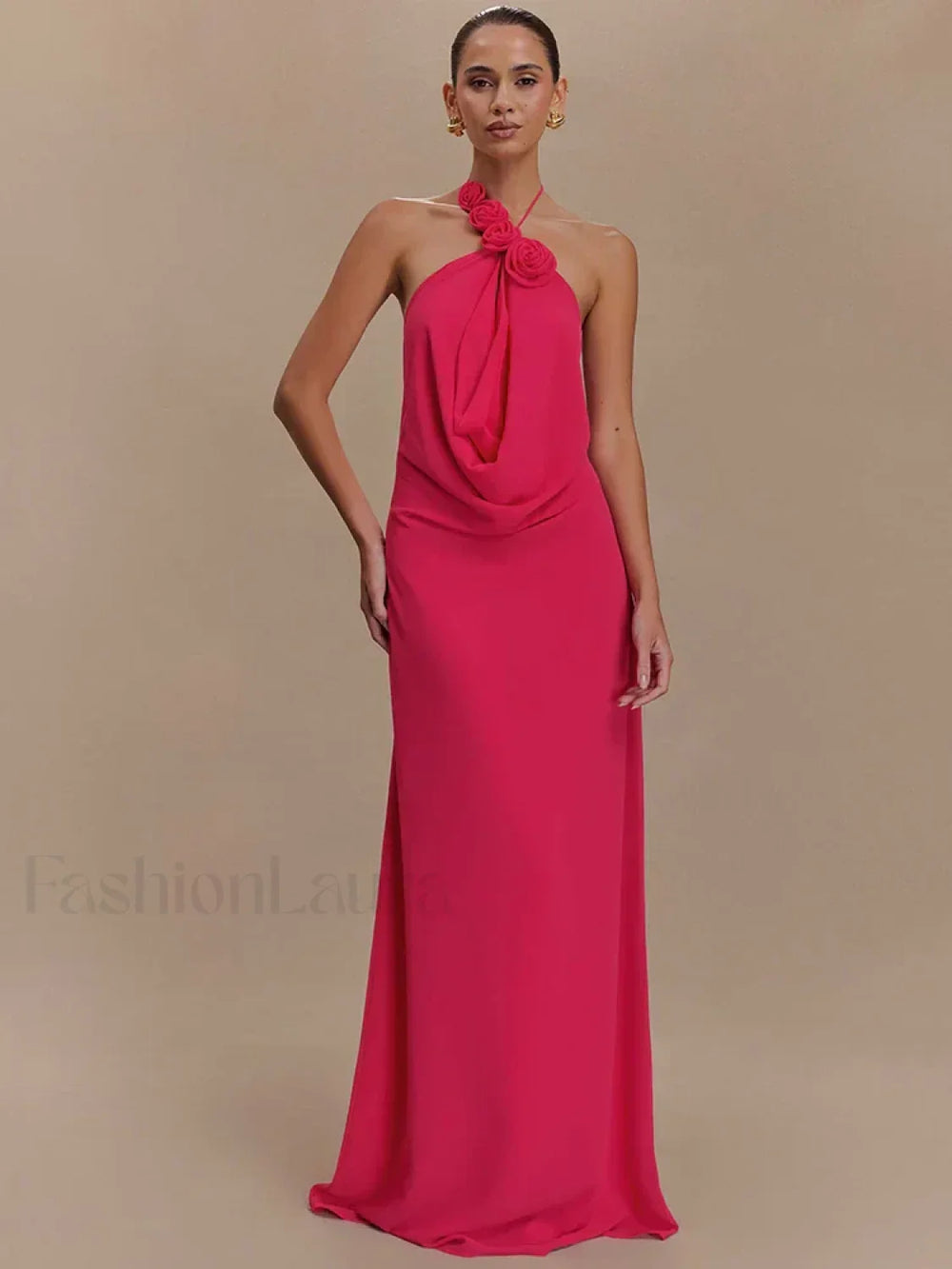 Rose Lace up Off Shoulder Maxi Dress Rose Red / S