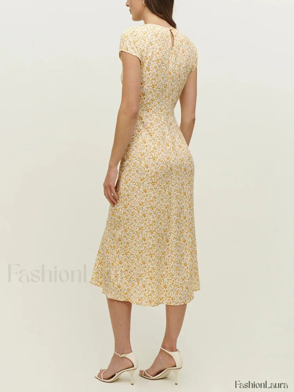 Round Cap Sleeve Floral Dress