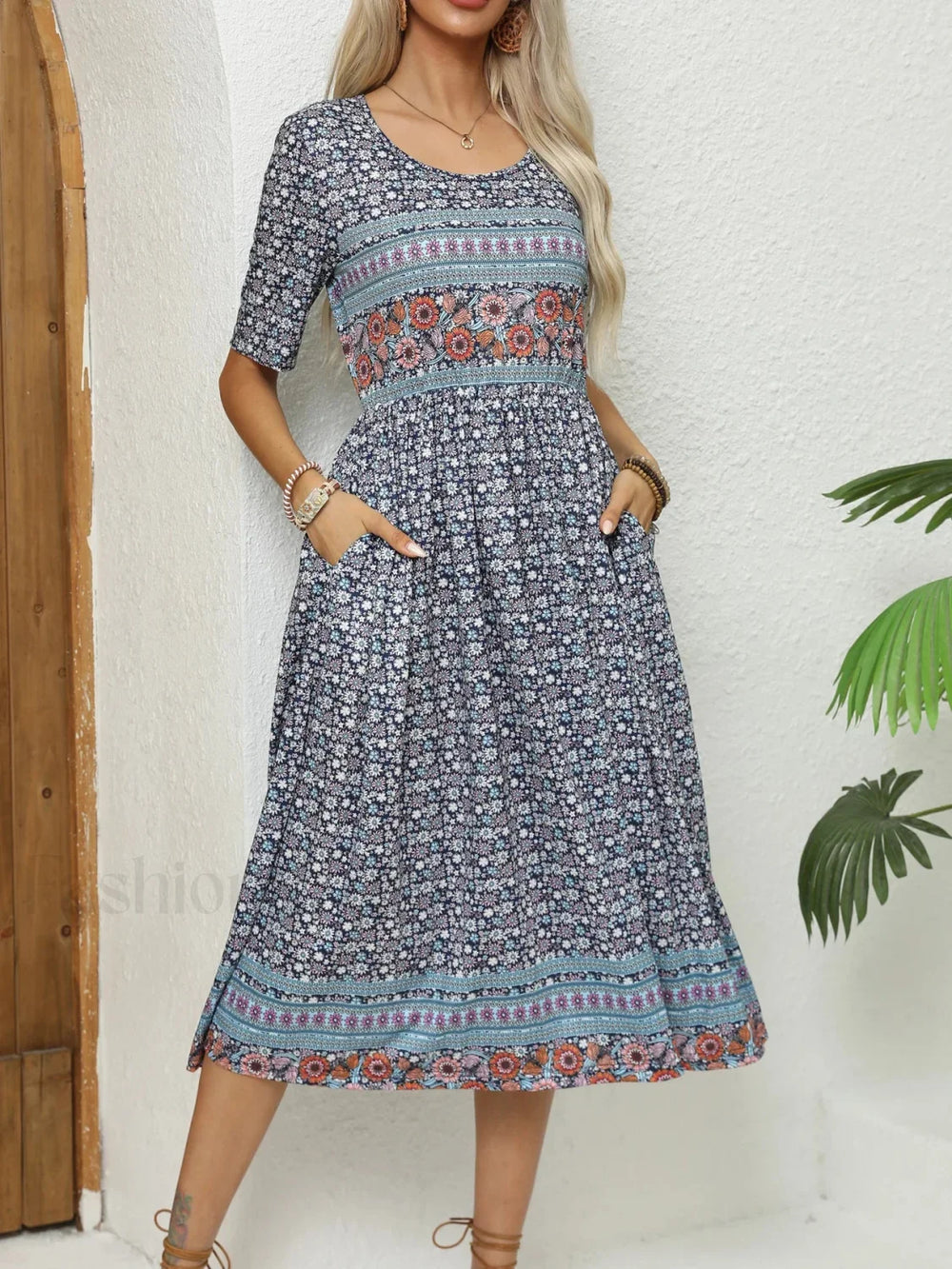 Round Neck Bohemian Print Boho Dress Brown / S
