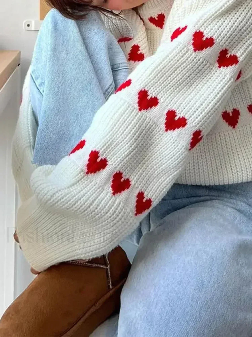 Round Neck Long Sleeved Heart shaped Women Autumn Winter Knitwear Soft Warm Sweater Sweaters L