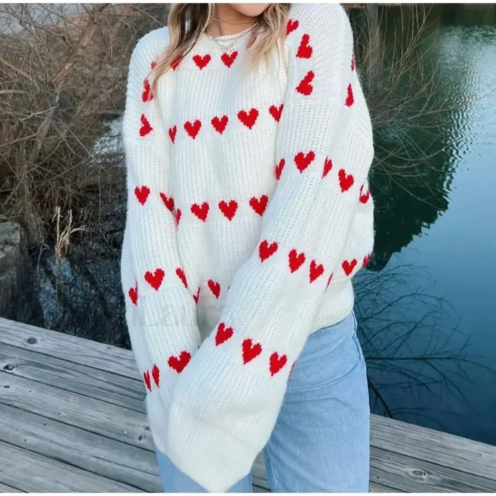 Round Neck Long Sleeved Heart shaped Women Autumn Winter Knitwear Soft Warm Sweater Sweaters L