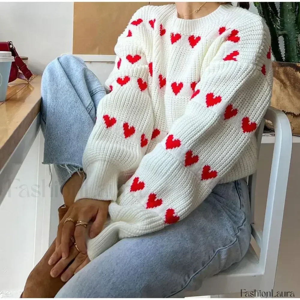 Round Neck Long Sleeved Heart shaped Women Autumn Winter Knitwear Soft Warm Sweater Sweaters L