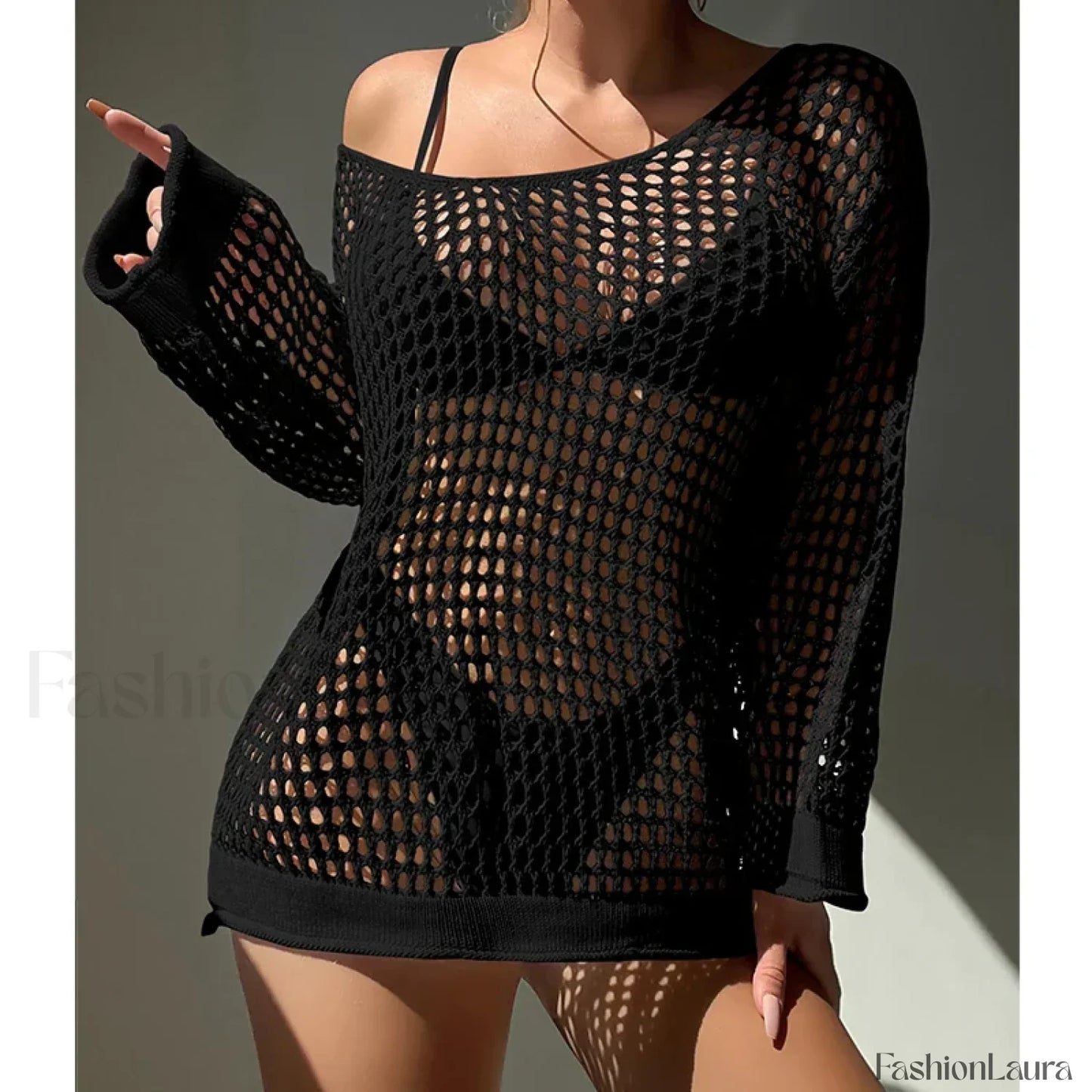 Round Neck Loose Swimsuit Cover Up Black / One Size