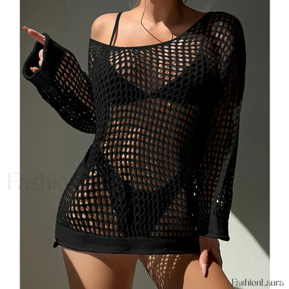 Round Neck Loose Swimsuit Cover Up Black / One Size