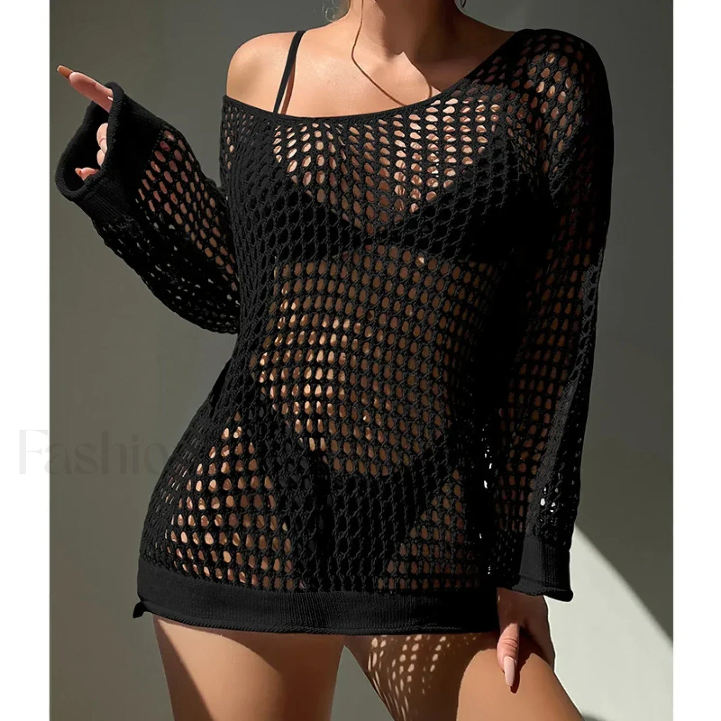 Round Neck Loose Swimsuit Cover Up Black / One Size