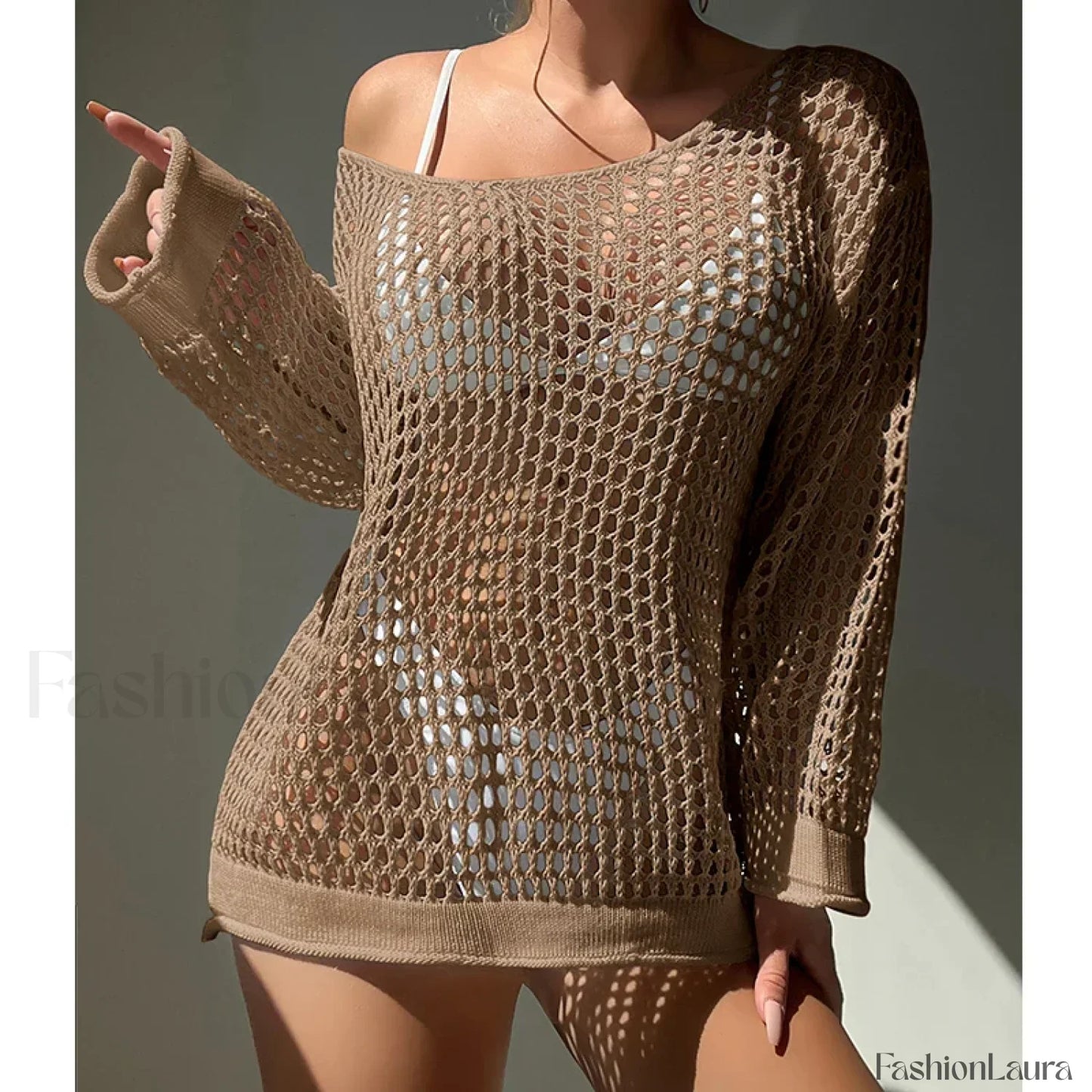 Round Neck Loose Swimsuit Cover Up Khaki / One Size