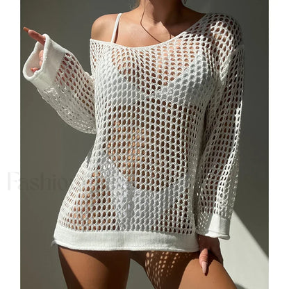 Round Neck Loose Swimsuit Cover Up WHITE / One Size
