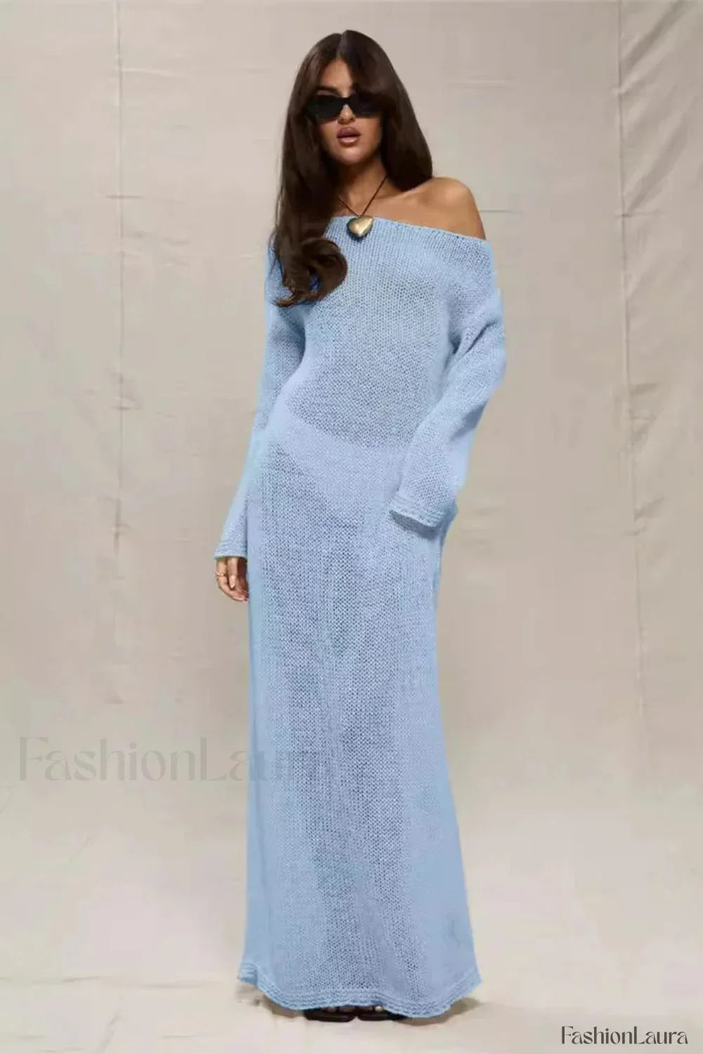 Round Neck Off Shoulder Hollow Knitted Bodycon Maxi Dress Blue / S