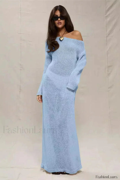 Round Neck Off Shoulder Hollow Knitted Bodycon Maxi Dress Blue / S