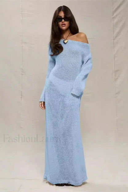 Round Neck Off Shoulder Hollow Knitted Bodycon Maxi Dress Blue / S