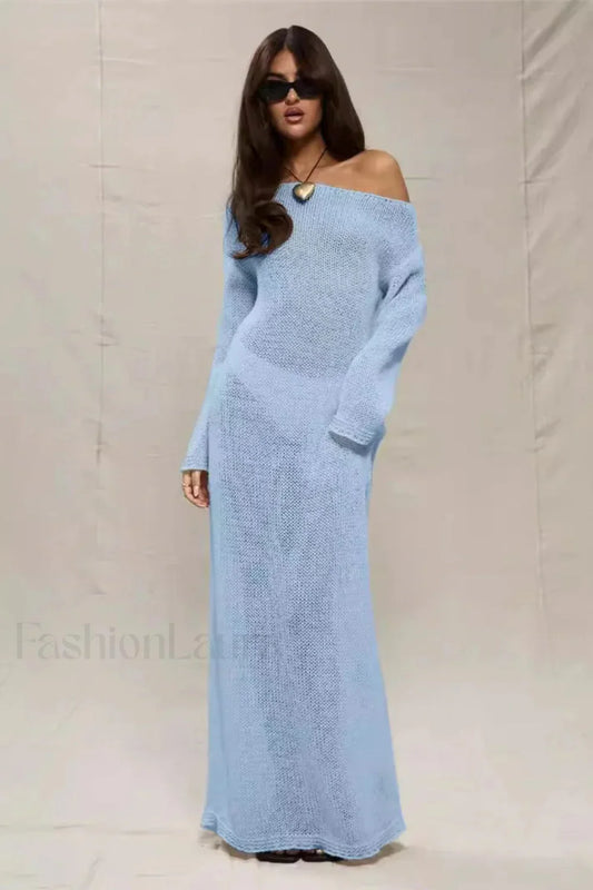 Round Neck Off Shoulder Hollow Knitted Bodycon Maxi Dress Blue / S