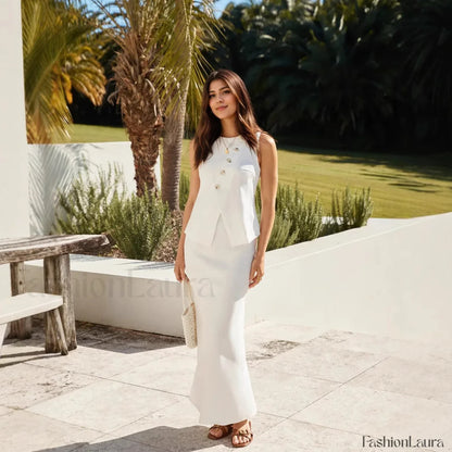 Round Neck Solid Color Fashion Suit Maxi Dress Milky white / S