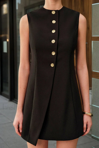 Round Neck Tie Metal Button Work Dress