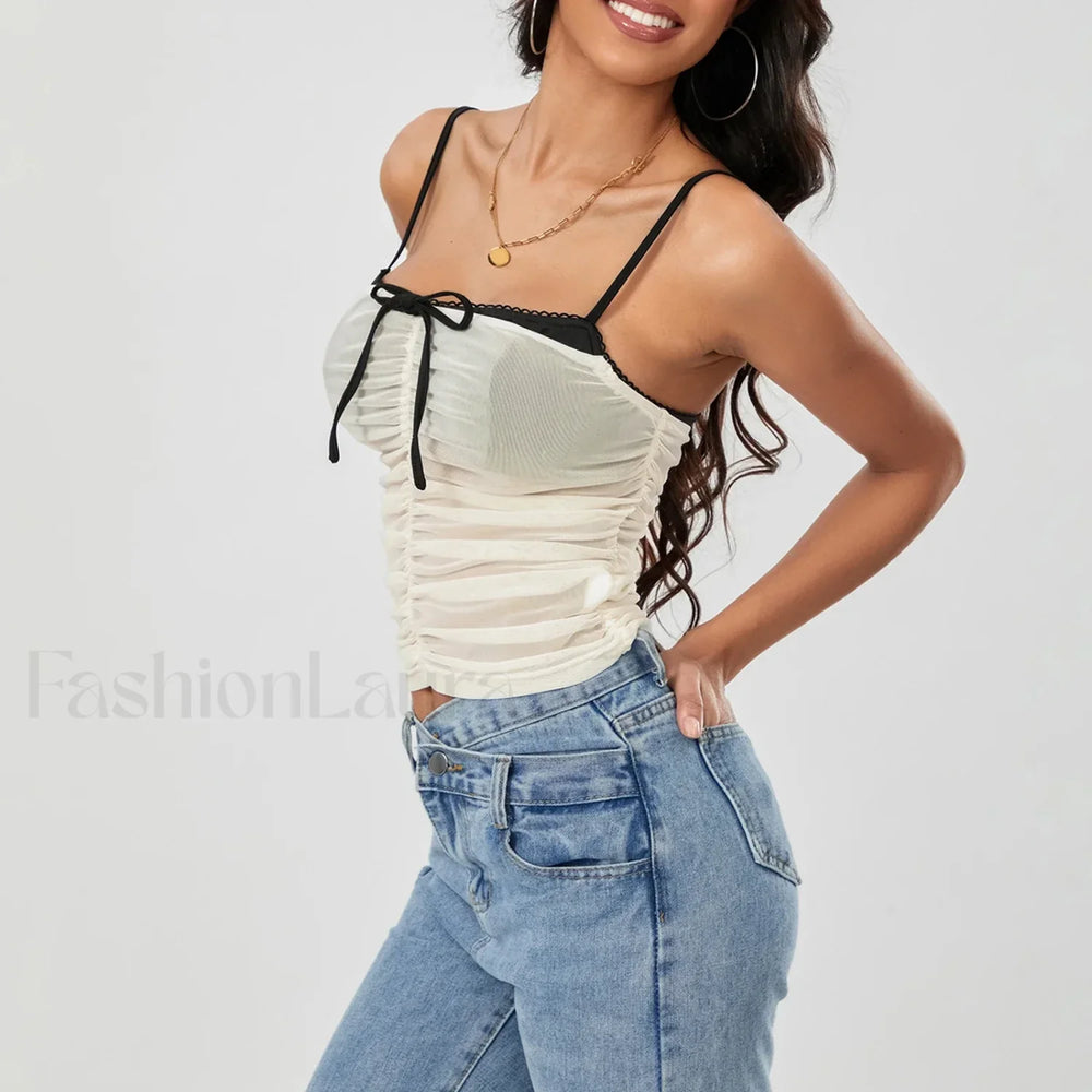 Ruched Contrast Tie Up Crop Top