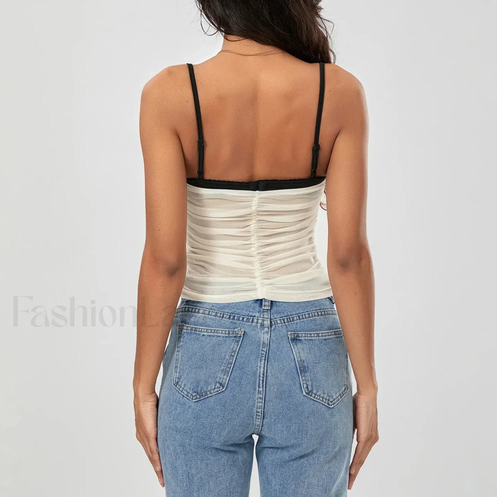 Ruched Contrast Tie Up Crop Top