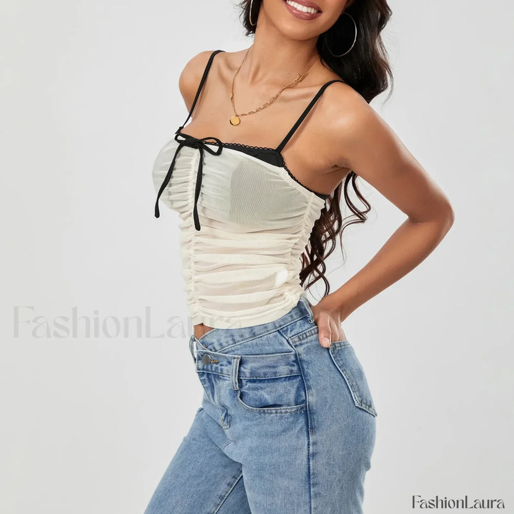 Ruched Contrast Tie Up Crop Top