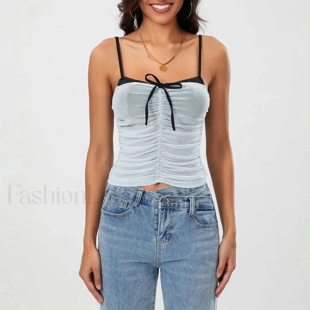 Ruched Contrast Tie Up Crop Top
