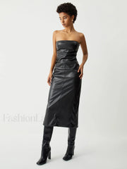 Ruched Faux Leather Trendy Tube Midi Dress Black / XS Dresses
