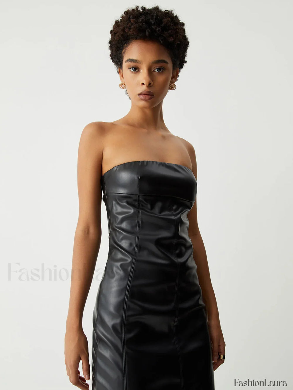 Ruched Faux Leather Trendy Tube Midi Dress Dresses