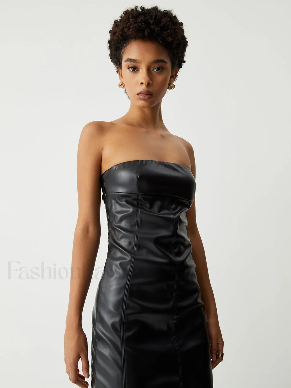 Ruched Faux Leather Trendy Tube Midi Dress Dresses