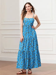 Ruched Floral A Line Maxi Dress Blue / S