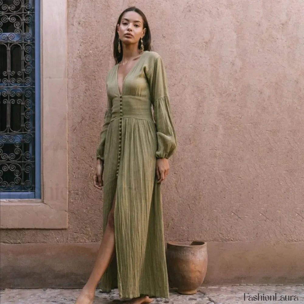 Ruched High Waist Boho Dress