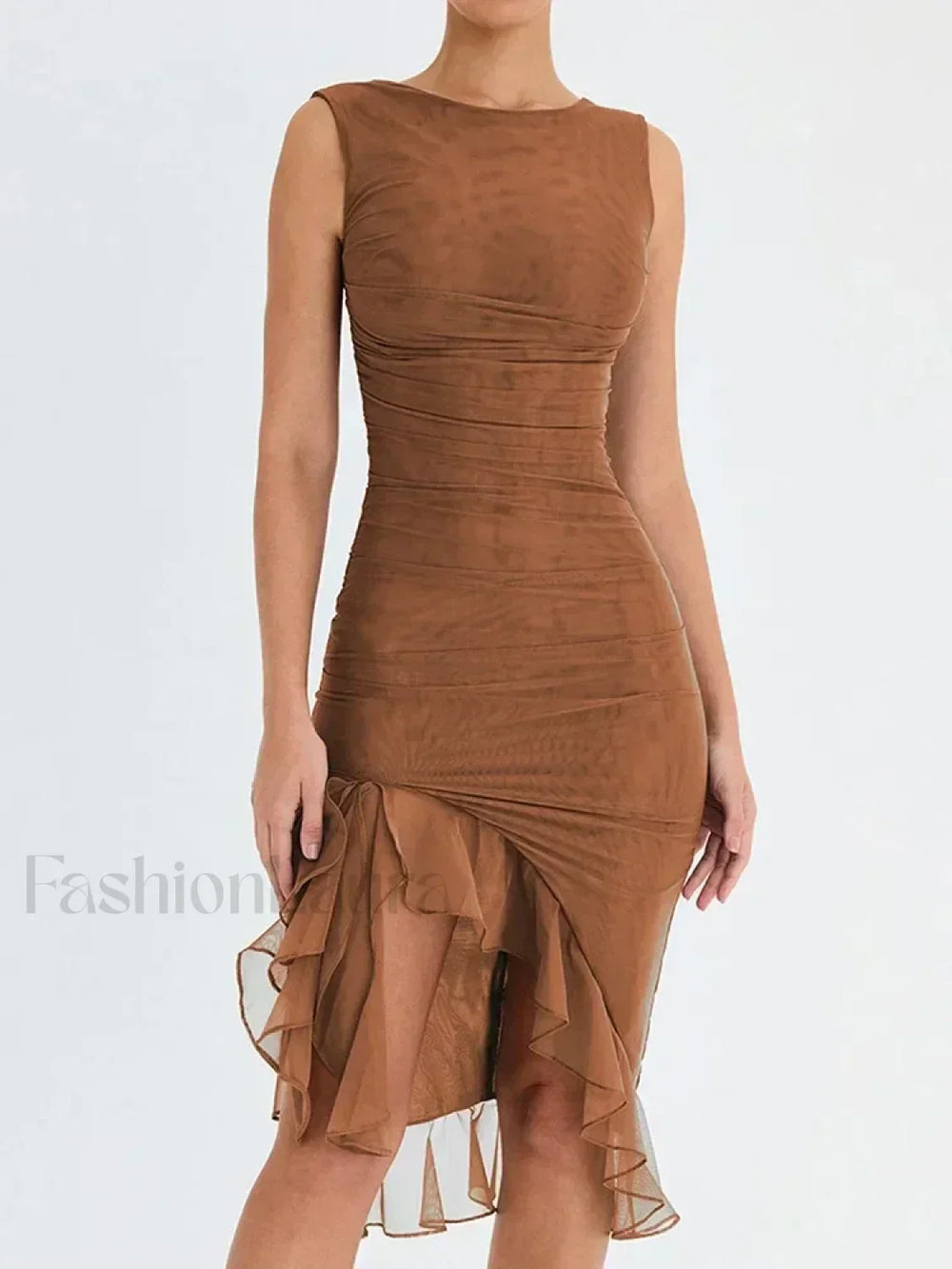 Ruched Irregular Hem Midi Dress Brown / S