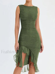 Ruched Irregular Hem Midi Dress Green / S