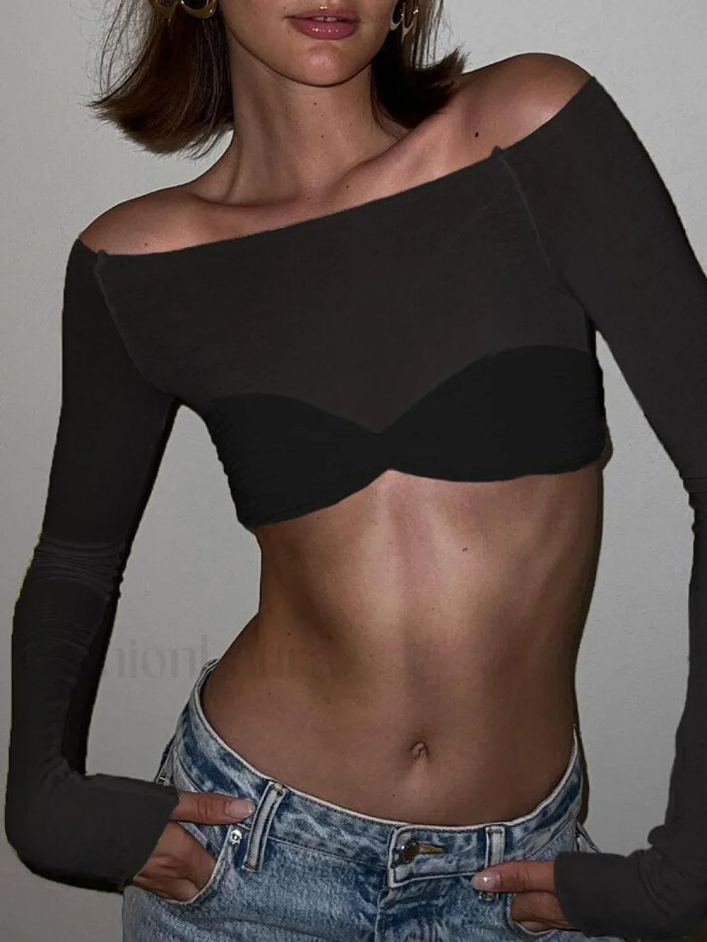 Ruched Off Shoulder Long Sleeve Crop Top Black / S Tops&Tees
