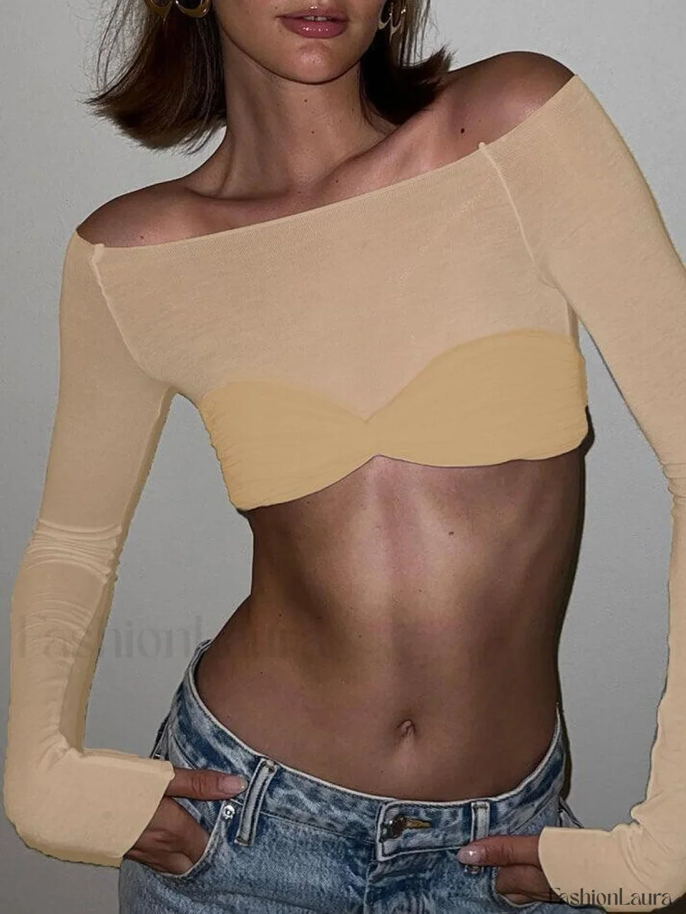 Ruched Off Shoulder Long Sleeve Crop Top Khaki / S Tops&Tees
