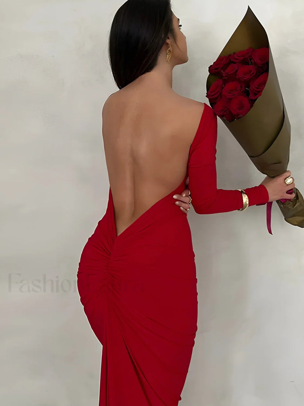 Ruched Open Back Trendy Long Sleeve Maxi Dress Dresses